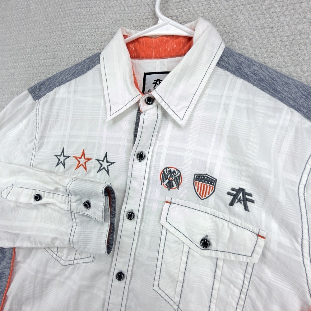 American Fighter Shirt Mens L White Gray Embroidered Button Up Western MMA